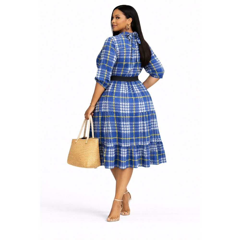 Womens Blue Patterned Tie Neck Midi Dress with Waist Belt